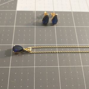 Gold tone set 925 mark dark blue gem stone set earrings and pendant necklace